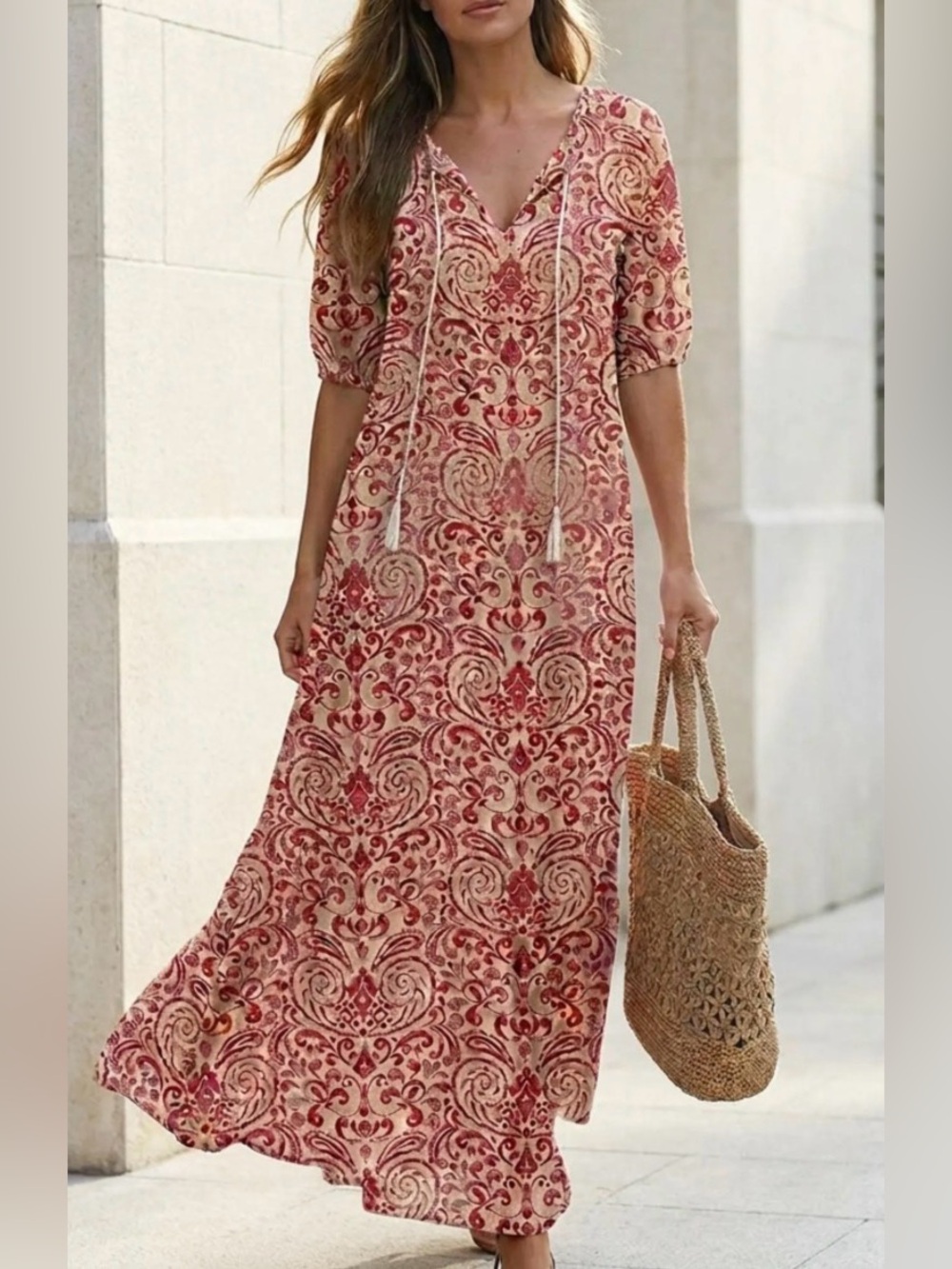 Peach/pink maxi dress with tassels to tie